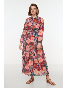 Trendyol Multi Color Floral Pattern Shirt Collar Belted Lined Chiffon Woven Dress