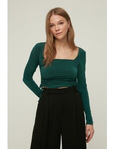 Trendyol Emerald Square Neck Gathered Detailed Fitted/Situated Crop Elastic Knitted Blouse