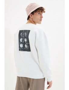 Trendyol White Oversize/Wide Cut Crew Neck Space Printed Fleece Inside Sweatshirt