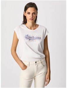 Bílé dámské tričko s flitry Pepe Jeans Berenice - Dámské