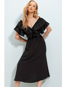 Trend Alaçatı Stili Women's Black Knitted Midi-length Dress with Gippli and Ruffles and Waist Belt