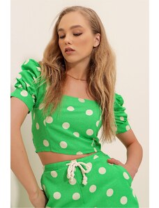 Trend Alaçatı Stili Women's Green Square Collar Princess Sleeve Concealed Zipper Polka Dot Linen Effect Blouse