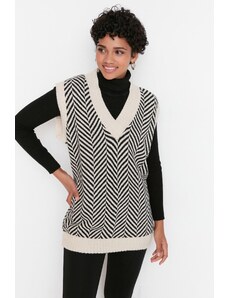Trendyol béžový pruhovaný pletený svetr s výstřihem do V