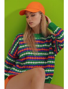 Trend Alaçatı Stili Dámské zelené posádky výstřih žakárový vícebarevný pletený svetr