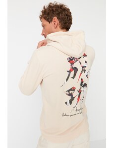 Trendyol Beige Men's Regular Cut Hooded Far East Printed Sweatshirt