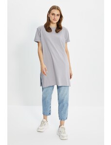 Trendyol Gray 100% Cotton Basic Short Sleeve Slit Single Jersey T-Shirt