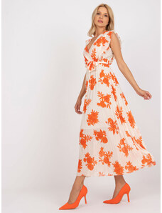 Fashionhunters Béžové a oranžové dlouhé plisované šaty s potisky