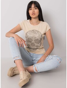 Fashionhunters Béžové dámské tričko s lebkou