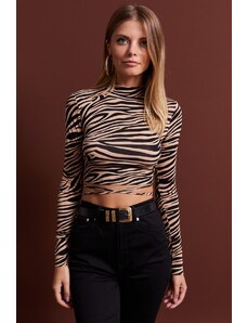 Cool & Sexy Women's Camel-Black Decollete Zebra Patterned Crop Blouse