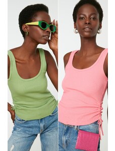 Trendyol Pink-Mint 2-Pack Gathered Detailed Pool Neck Ribbed Elastic Knitted Undershirt