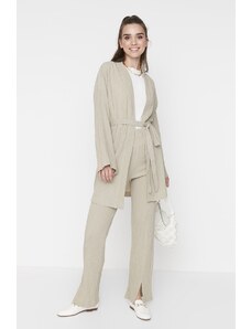 Trendyol Stone-Belted Kimono with Slit Detailed Legs and Trousers, Woven Set