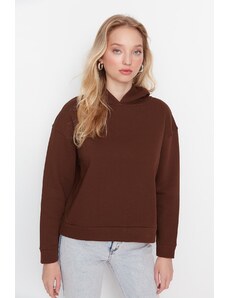 Trendyol Brown Regular/Normal Fit Basic Hooded Fleece Inner Knitted Sweatshirt