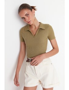 Trendyol Khaki Fitted Crop Polo Neck Corduroy Knitted Blouse with a Stretch