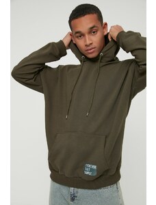 Trendyol Basic Khaki Oversize/Wide-Fit Hooded Labeled Fleece Inner Sweatshirt