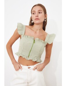 Trendyol Green Fitted Woven Crop Zipper Detail Gingham Blouse