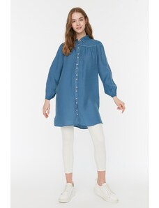 Trendyol Indigo Contrast Stitching Woven Linen Look Natural Fabric Shirt