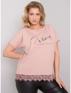 Fashionhunters Prachově růžová bavlněná halenka větší velikosti s krajkou