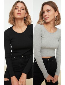 Trendyol 2-Pack Black-Grey Fitted Wide Neck Ribbed Stretchy Crop Knitted Blouse