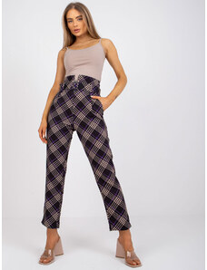 Fashionhunters Černofialové kostkované kalhoty s vysokým pasem