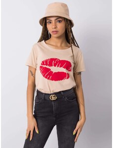 Fashionhunters OCH BELLA Béžové bavlněné tričko s potiskem