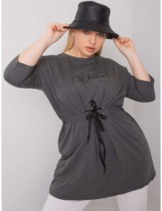 Fashionhunters Tmavě šedá melanžová plus size tunika s nápisem
