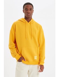 Trendyol Basic Yellow Oversize/Wide Cut Hooded Labeled Fleece Inside Cotton Sweatshirt