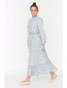 Trendyol modré květinové vysoký límec v pase s detailním lemovaným šifonem tkané šaty