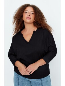 Trendyol Curve Black V-Neck Placket Detailed Thin Knitted Sweatshirt