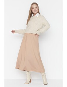 Trendyol Beige High Waist Knitted Skirt With Button Closure