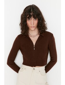 Trendyol hnědý zkrácený pletený svetr na zip