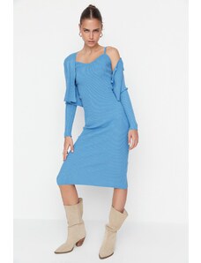 Trendyol Modrá Modrá Vypasovaná Midi Pletenina Cardigan Šaty Oblek