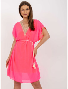 Fashionhunters Fluo růžové vzdušné šaty jedné velikosti s podšívkou
