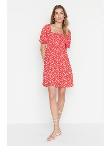 Trendyol Red Floral Waist Opening Gimped Mini Viscose Woven Dress