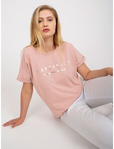 Fashionhunters Prašně růžové bavlněné tričko plus size velikosti s potiskem