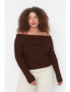 Trendyol Curve Brown Carmen Collar Pletený svetr