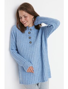 Trendyol modrý límec knoflíkovaný žebrovaný pletený svetr