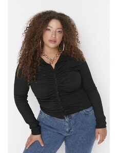 Trendyol Curve Black Body-Sitting Gathered Knitted Shirt