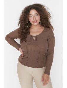 Trendyol Curve Brown U-Neck Lace and Rib Detail Knitted Blouse