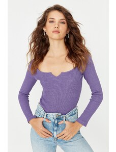 Trendyol Purple V-Neck Detailed Ribbed Snaps Knitted Bodysuit