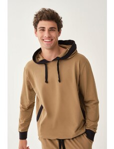 Dagi Light Brown Hooded Ribbed Cotton Sweatshirt