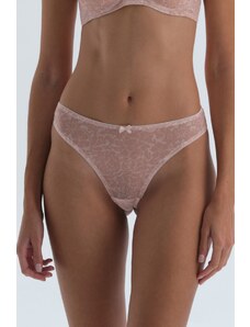 Dagi Dark Pink Lace Detailed Patterned Tulle Thong