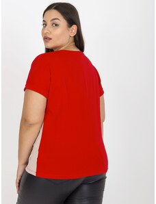 Fashionhunters Červené a béžové tričko větší velikosti s kulatým výstřihem