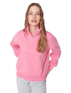 Trendyol Pink Oversize/Wide Zipper High Neck Thick Fleece Knitted Sweatshirt