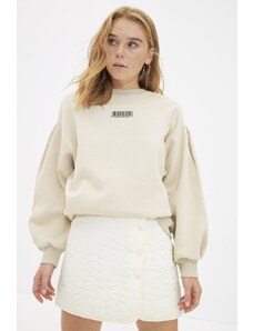 Trendyol Stone Thick Fleece Inside Minimal Printed Balloon Sleeves Knitted Sweatshirt