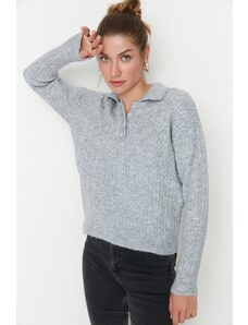 Trendyol šedý široký střih měkký texturovaný pletený svetr
