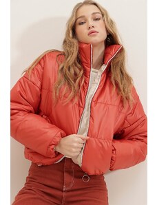 Trend Alaçatı Stili Women's Tile Stand Collar Double Pocketed Inflatable Coat with Elastic Waist