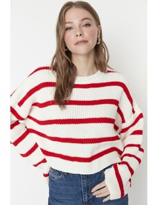 Trendyol Ecru Crop Základní pruhovaný pletený svetr
