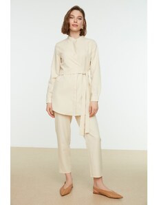 Trendyol Ecru Crimp Collar, Double Breasted, Tied Shirt-Pants, Woven Suit