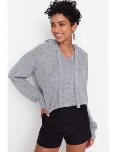 Trendyol šedý pletený svetr s kapucí