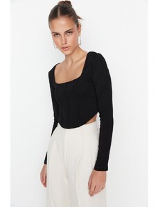 Trendyol Black Piping Detail Square Neck Fitted/Situated Crop Interlock Knitted Blouse